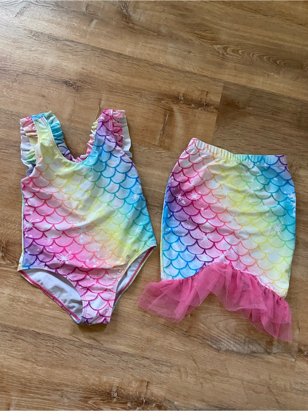 Rainbow Mermaid Scale Swimsuit Set with Pink Tulle Tail